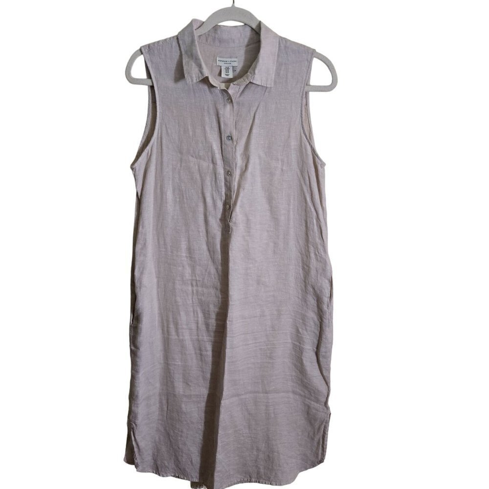 Adrienne Vittadini 100% Linen Beige Sleeveless Midi Shirt Dress Size M